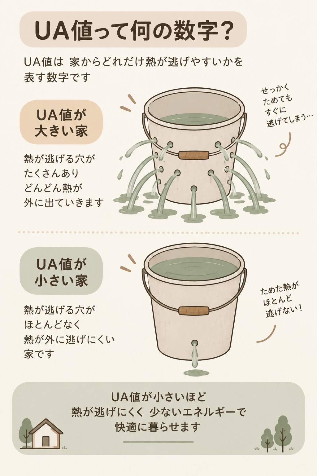 UA値は、その家からどれだけ熱が逃げやすいかを表す数字。UA値が大きい家は熱が逃げる穴がたくさんあいたバケツのように、どんどん熱が外へ出ていく。UA値が小さい家は穴がほとんどなく、ためた熱が逃げにくい。UA値が小さいほど少ないエネルギーで快適に暮らせる。
