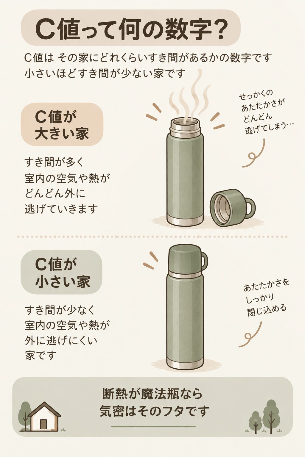 C値は、その家にどれくらいすき間があるかの数字で、小さいほどすき間が少ない。C値が大きい家はフタの外れた魔法瓶のように、室内の空気や熱がどんどん外へ逃げていく。C値が小さい家はフタの閉まった魔法瓶のように、あたたかさを閉じ込める。断熱が魔法瓶なら、気密はそのフタ。