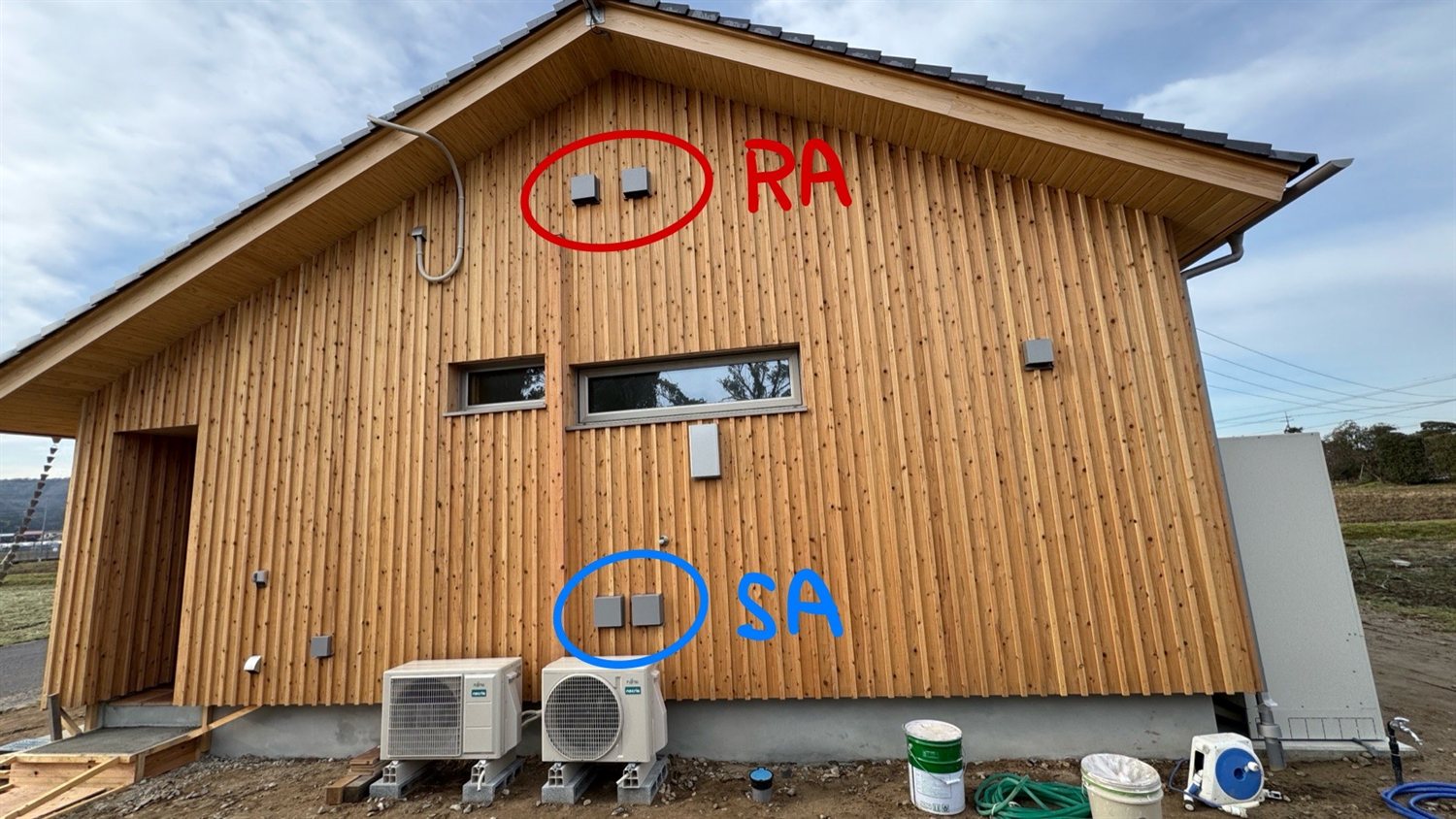 パッシブ換気の給気口(SA)と排気口(RA)の位置 高低差3.1m